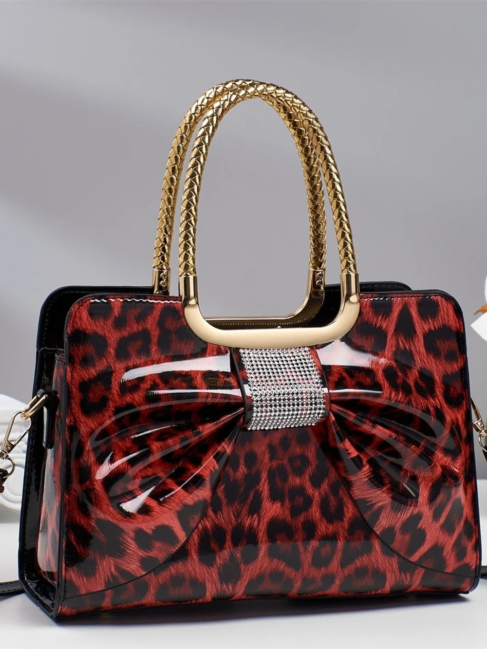 Leopard Print Satin Bow Handbag with Gold Handles